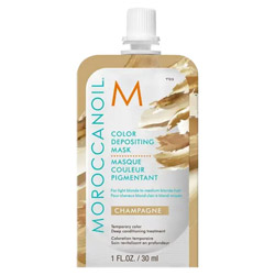 Moroccanoil Color Depositing Mask in Champagne, featuring a sleek pouch design with a gold and white color scheme, labeled with the brand logo and product details.