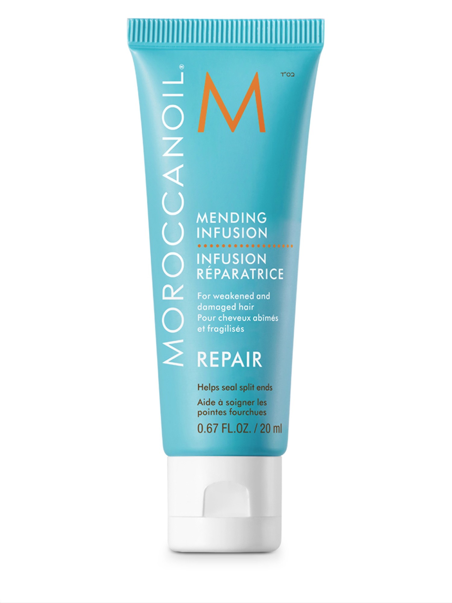 Turquoise tube with orange lettering, labeled "Moroccanoil Mending Infusion," 0.67 fl. oz., designed for repairing weakened and damaged hair.