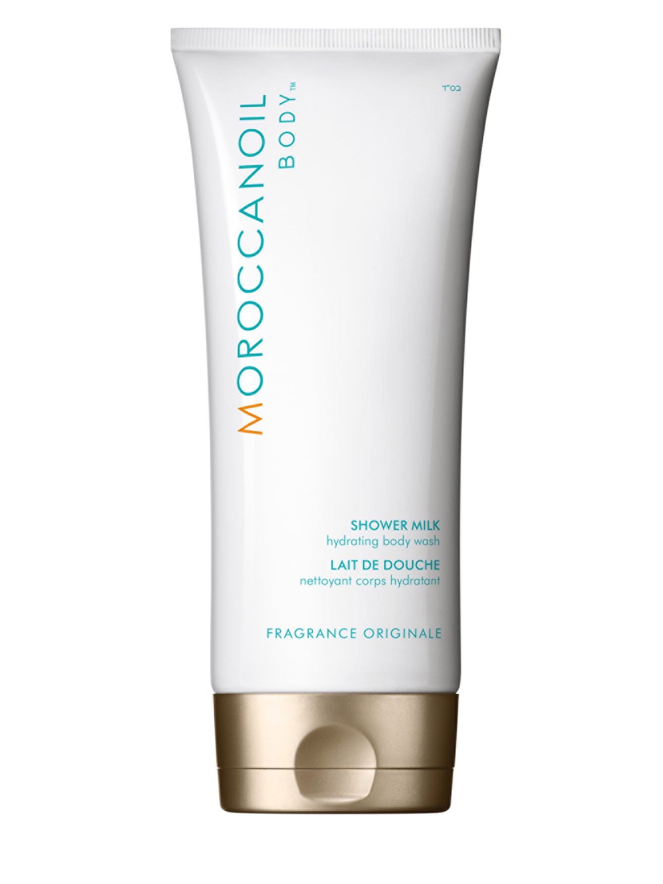 White tube with a gold cap, labeled "Moroccanoil Original Fragrance Shower Milk" in blue and orange text, featuring a hydrating body wash formula, 200ml size.