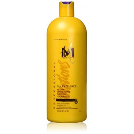 Bright yellow plastic bottle of Motions Sulfate-Free Active Moisture Lavish Shampoo, 947ml, featuring a flip-top lid and labeled with key ingredients like shea butter and coconut oil.