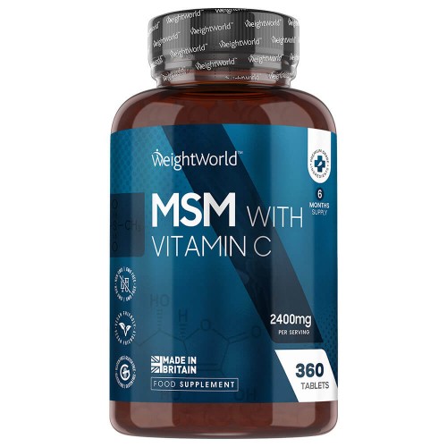 Brown bottle with a blue label, featuring "WeightWorld MSM Supplements 2400mg with Vit C," indicating 360 vegan tablets for bone support, made in Britain.