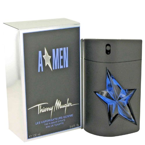 Black rectangular bottle with a blue star design, accompanied by a silver box featuring the brand name Thierry Mugler and product details, 100 ml Eau de Toilette.