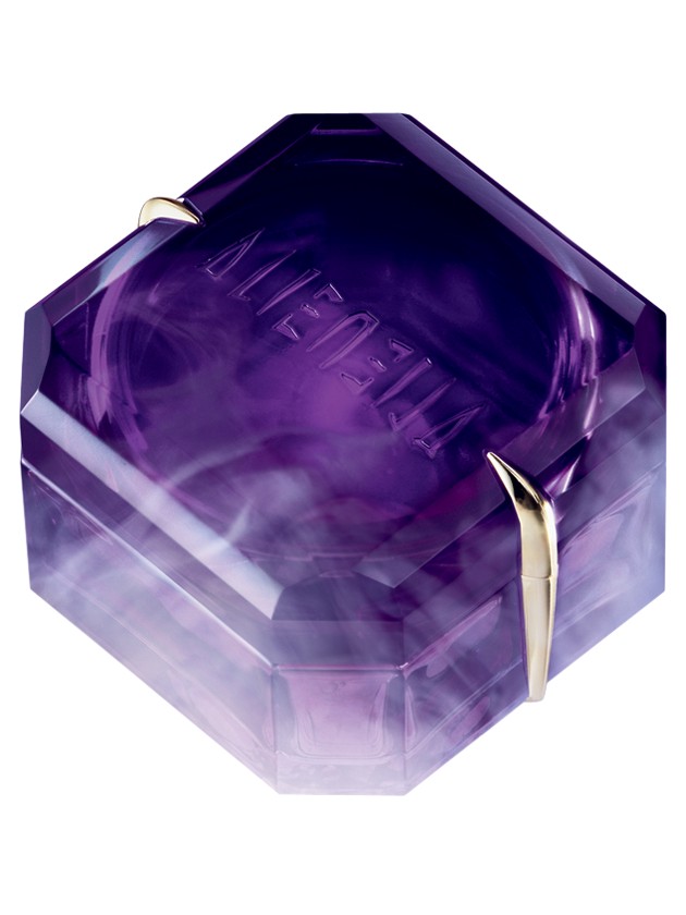 Purple hexagonal jar with a smooth, glossy finish and gold accents, featuring the embossed word "ALIEN" on the top, containing Thierry Mugler's Alien Cream for women.