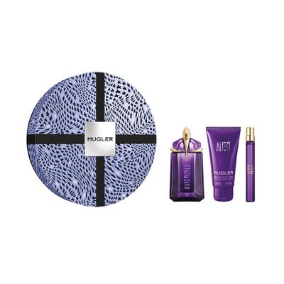 Purple and black gift box containing a 60 ml Thierry Mugler Alien EDP bottle, a 10 ml mini EDP, and a 50 ml shower milk, all featuring elegant, sleek packaging.