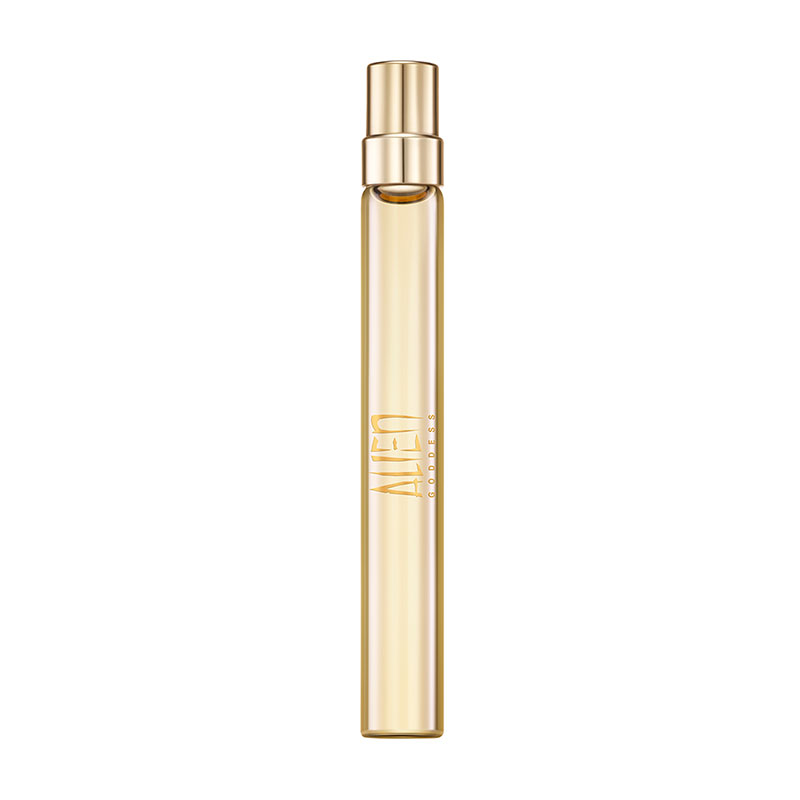 Transparent glass bottle of Mugler Alien Goddess Mini Eau De Parfum, 10ml, featuring a sleek design with a gold cap and the brand name embossed in gold on the side.