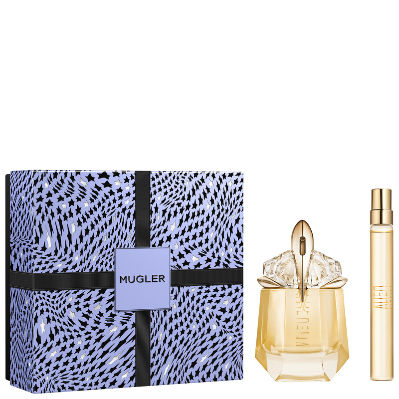 Mugler Alien Goddess gift set featuring a 30ml refillable EDP bottle with a gold and clear design, alongside a 10ml EDP in a sleek, gold-accented vial, presented in a purple patterned box.
