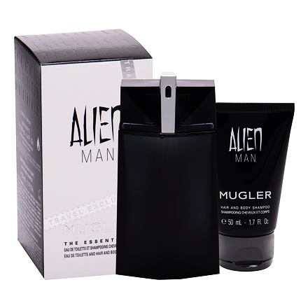 Black rectangular bottle of Alien Eau De Toilette with a silver cap, alongside a black tube of hair and body shampoo, both in a sleek white box with "Alien Man" branding.