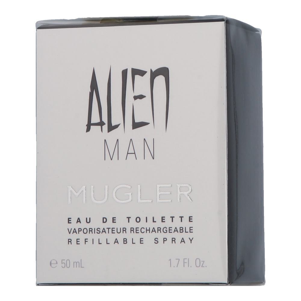 Black and silver rectangular box featuring "ALIEN MAN" in bold, stylized letters, with "MUGLER" below and details about the refillable eau de toilette spray.