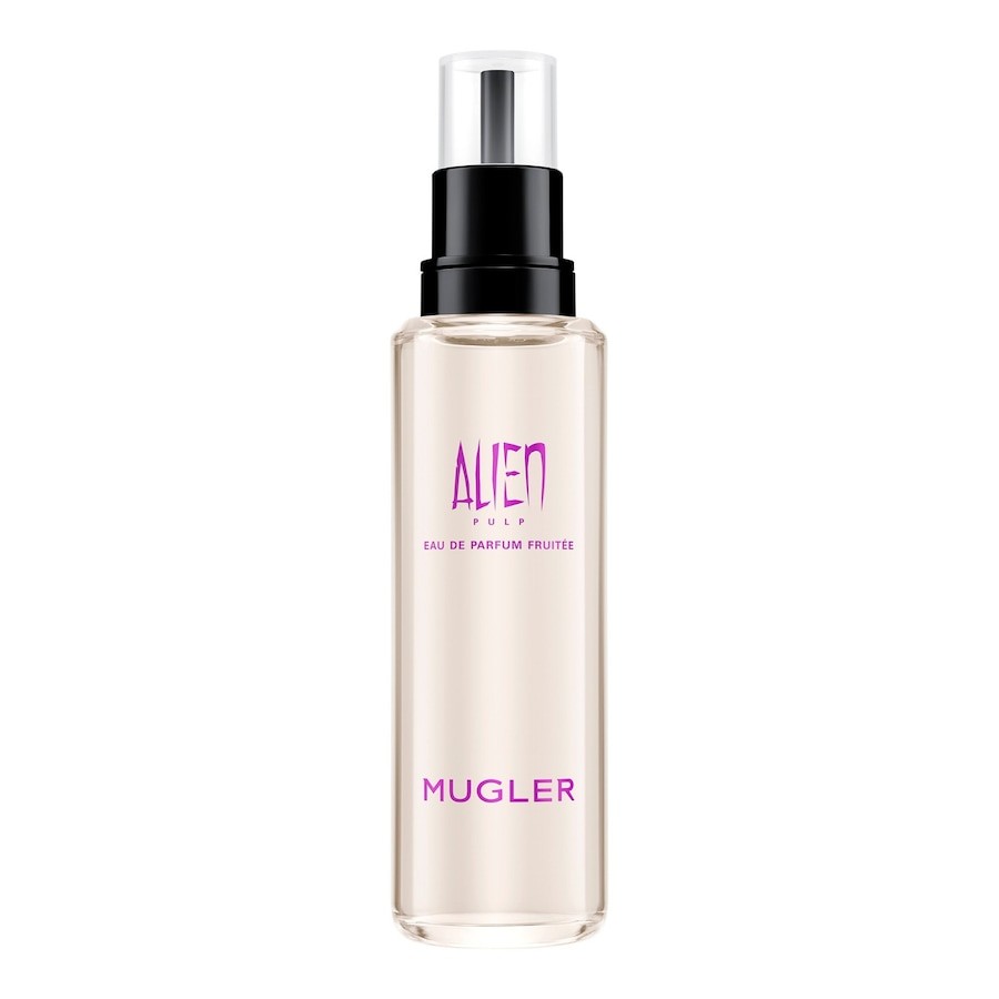 Transparent glass bottle with a sleek design, featuring a black spray nozzle and purple text reading "ALIEN PULP" and "MUGLER," containing 100ml of fruity Eau de Parfum for women.