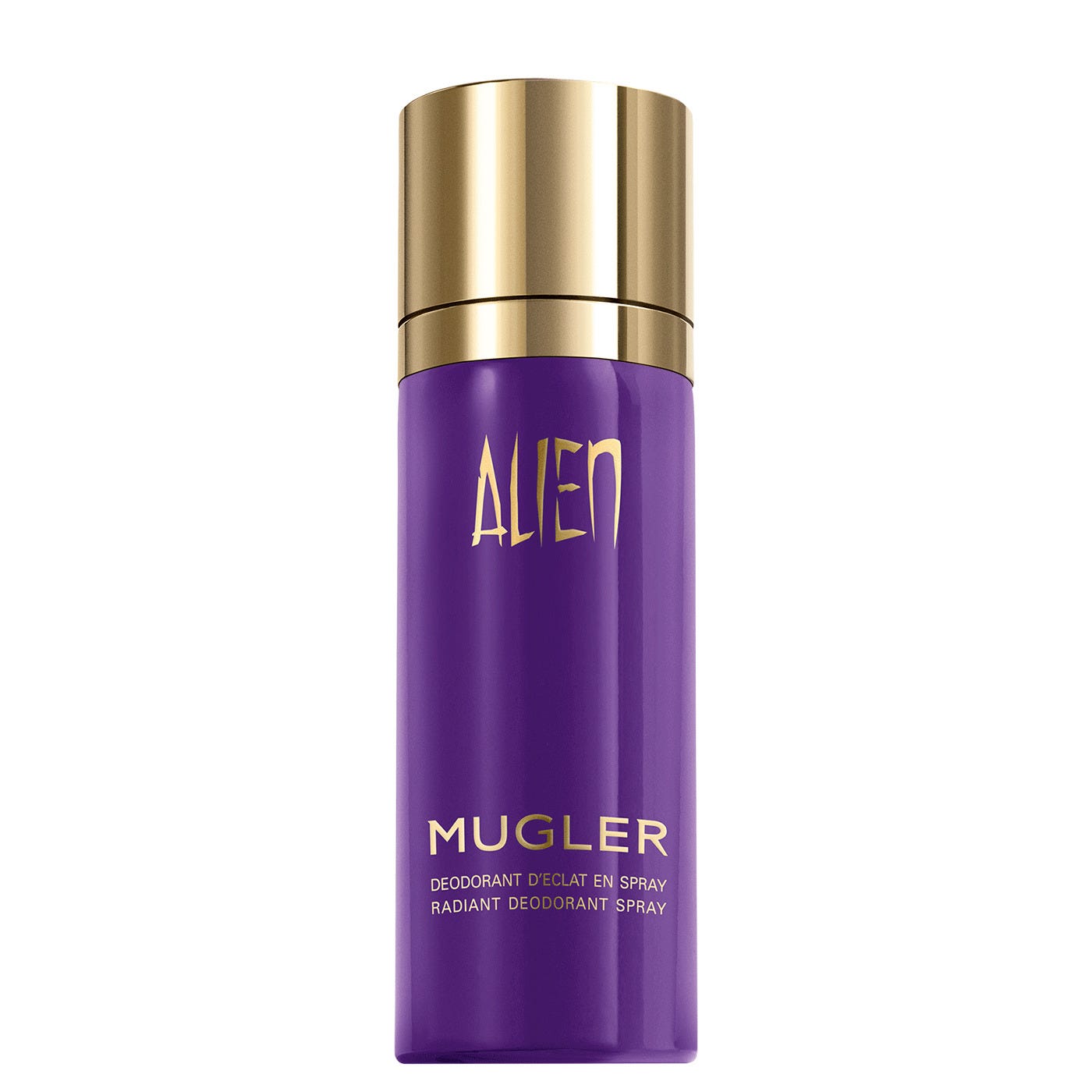 Purple cylindrical deodorant spray bottle with a gold cap, featuring the word "ALIEN" in bold letters and "MUGLER" in a smaller font on the front.