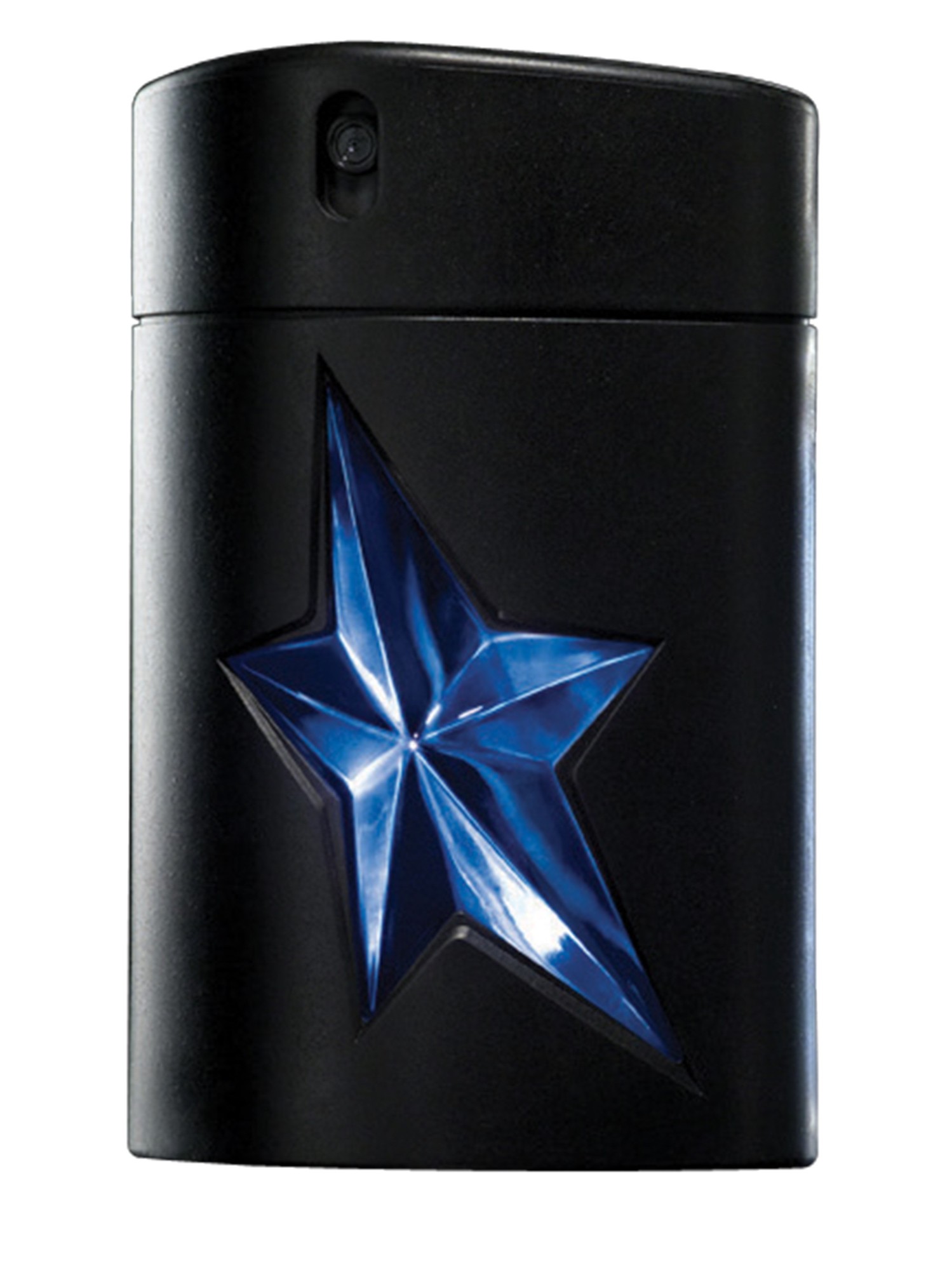Black rectangular bottle with a blue star design on the front, featuring a refillable spray nozzle at the top, representing "Angel" by Thierry Mugler for men.