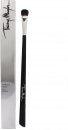 Black eye brush with a tapered, rounded bristle head, featuring a sleek black handle and a silver ferrule, elegantly packaged in a silver box with the Mugler logo.