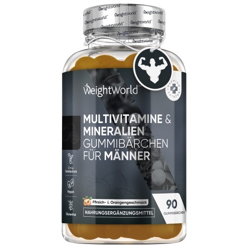 Clear plastic bottle containing 90 orange-flavored multivitamin gummies, labeled "WeightWorld" with a black and white design, emphasizing men's overall well-being and vegan ingredients.