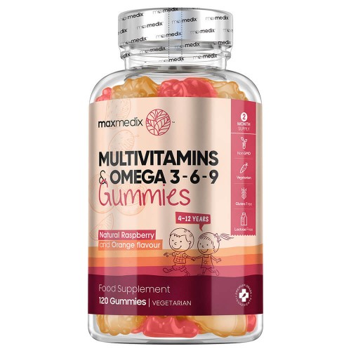Clear plastic jar filled with colorful multivitamin gummies in strawberry and orange flavors, labeled with "Multivitamins & Omega 3, 6 & 9" for kids aged 3 to 12 years.