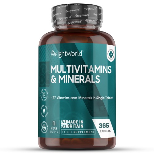 Brown plastic bottle with a teal label, featuring "WeightWorld" branding, stating "Multivitamins & Minerals," and highlighting 27 vitamins and minerals in a single tablet.