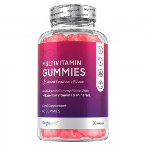 Clear plastic bottle containing pink gummy multivitamins, labeled "Multivitamin Gummies" with strawberry flavor, featuring a purple and white design and listing 14 essential vitamins and minerals.