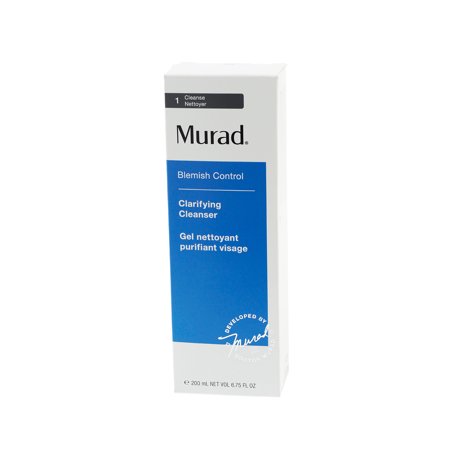 White rectangular box with blue accents, labeled "Murad Blemish Control Clarifying Cleanser," containing 200 ml of product, featuring a clean and modern design.