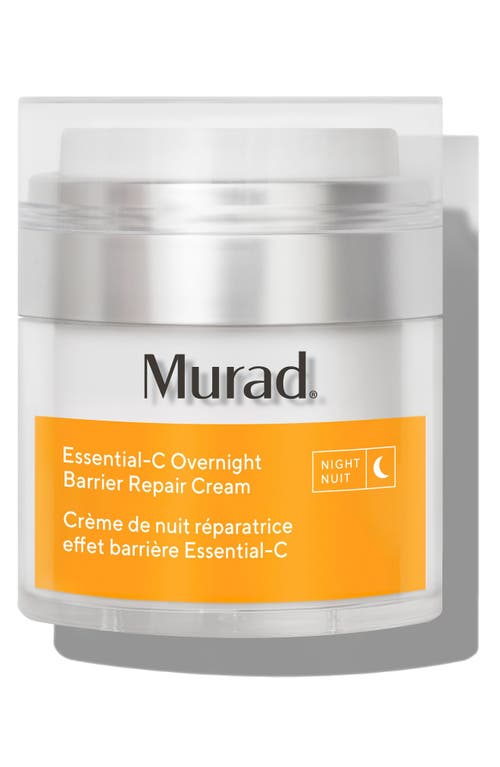 White jar with a clear lid, featuring an orange label that reads "Essential-C Overnight Barrier Repair Cream" and "Murad" in bold letters, with a night symbol.