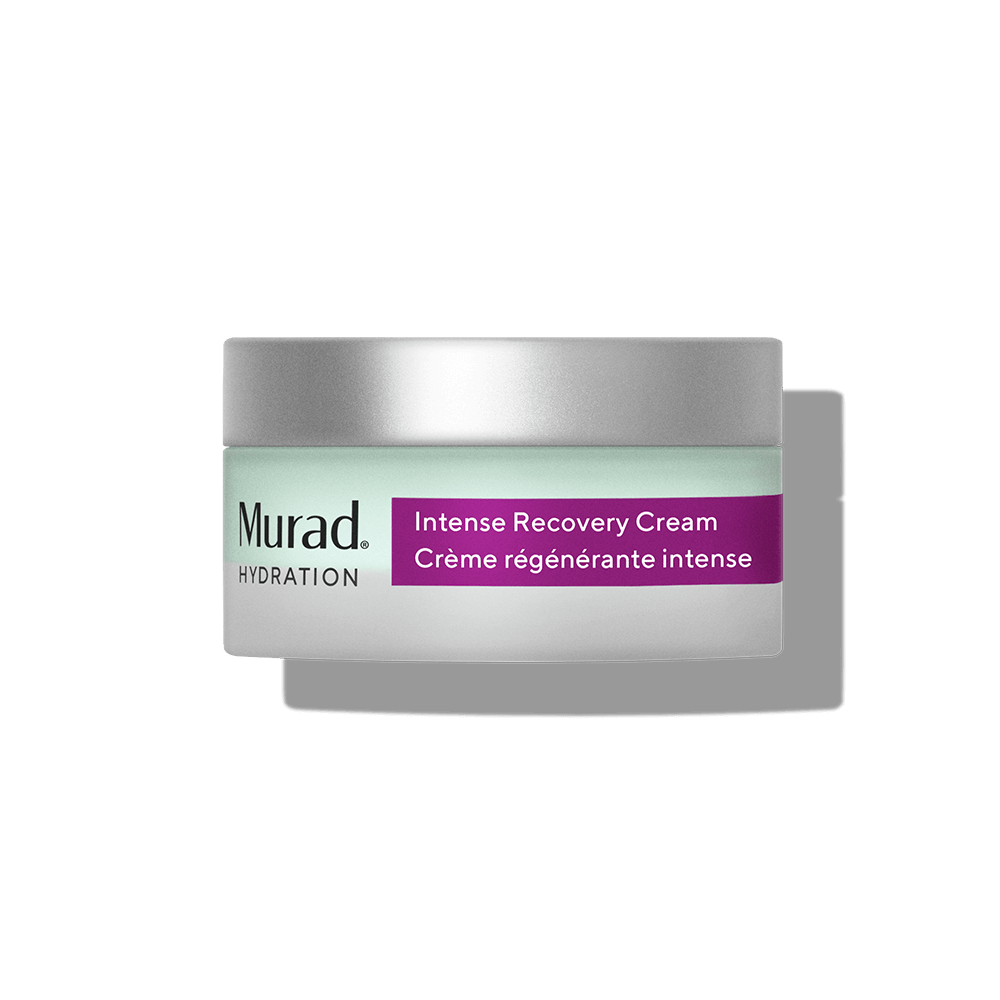Light green cream jar with a silver lid, featuring a purple label that reads "Intense Recovery Cream" and "Murad" in bold black letters, emphasizing hydration.