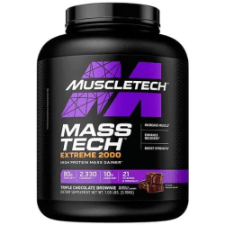 Black container with a purple and white label, featuring "MuscleTech" and "Mass Tech Extreme 2000" prominently, highlighting triple chocolate brownie flavor and nutritional information.