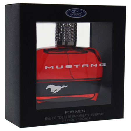 Red glass bottle of Ford Mustang Eau De Toilette Spray, featuring a silver cap and a white Mustang logo, presented in a black box with white text, 3.4 oz size.