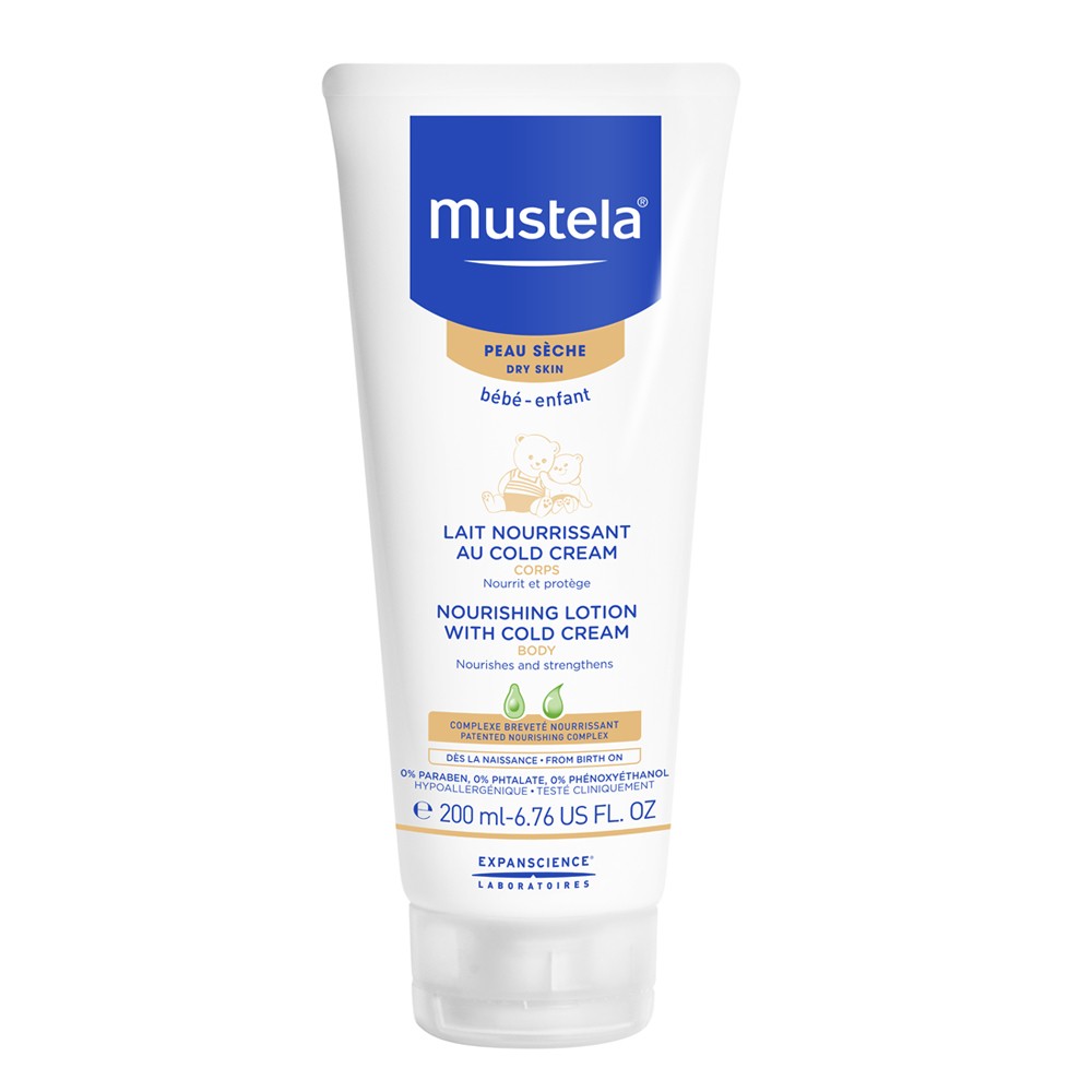 White squeeze tube featuring Mustela branding, labeled "Nourishing Body Lotion with Cold Cream," designed for dry skin, with a blue and yellow color scheme, 6.76 oz size.