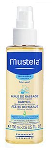 Transparent bottle of Mustela massage oil for normal skin, featuring a blue label with white text, and a spray nozzle, containing 100 ml of product.