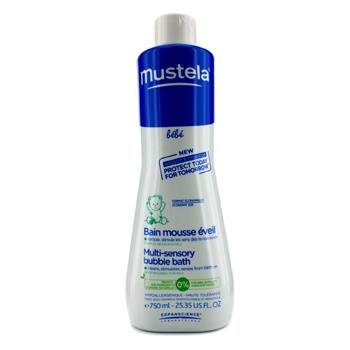 Mustela Multi-Sensory Bubble Bath in a 750ml white bottle with a blue cap, featuring a playful baby graphic and text highlighting its gentle, sensory properties.