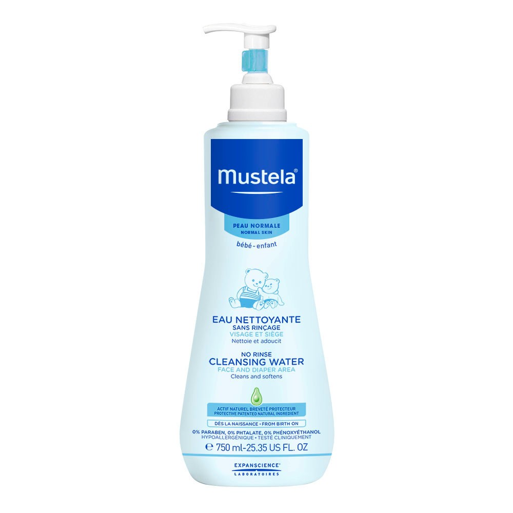 Mustela Baby No-Rinse Cleansing Micellar Water in a light blue bottle with a pump, featuring natural avocado perseose, 25.35 fl oz, designed for gentle cleansing of face and diaper area.