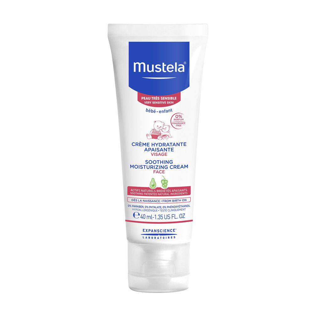 White tube of Mustela Bébé Soothing Hydrating Face Cream, 40ml, featuring a pink cap, blue and pink text, and a baby-friendly design, ideal for sensitive skin.