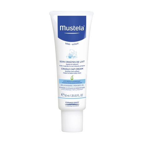 Mustela's Stelaker & Cradle Cap cream in a 1.3 oz white tube with blue accents, featuring a flip-top cap and labeled for baby use to treat cradle cap.