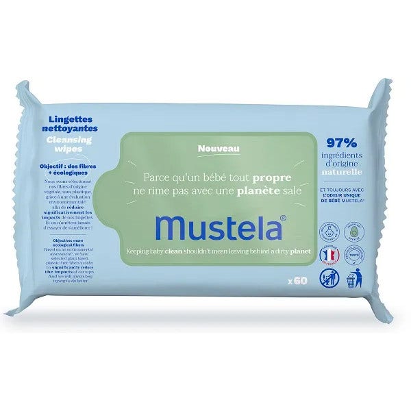 Light blue package of Mustela Avocado Cleansing Wipes, featuring a white logo, labeled "Nouveau," and indicating 97% natural ingredients, containing 60 wipes.