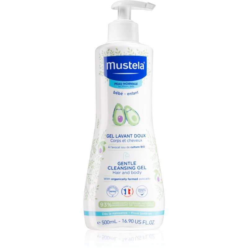 White bottle of Mustela Gentle Cleansing Gel, featuring a pump dispenser, with green avocado illustrations and blue branding, labeled for hair and body use, 500 ml.