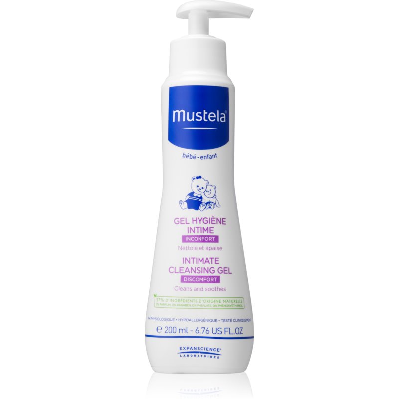 White plastic bottle with a pump dispenser, labeled "Mustela Bébé Intimate Cleansing Gel for Children," featuring blue and purple accents, 200 ml size, designed for gentle cleansing.