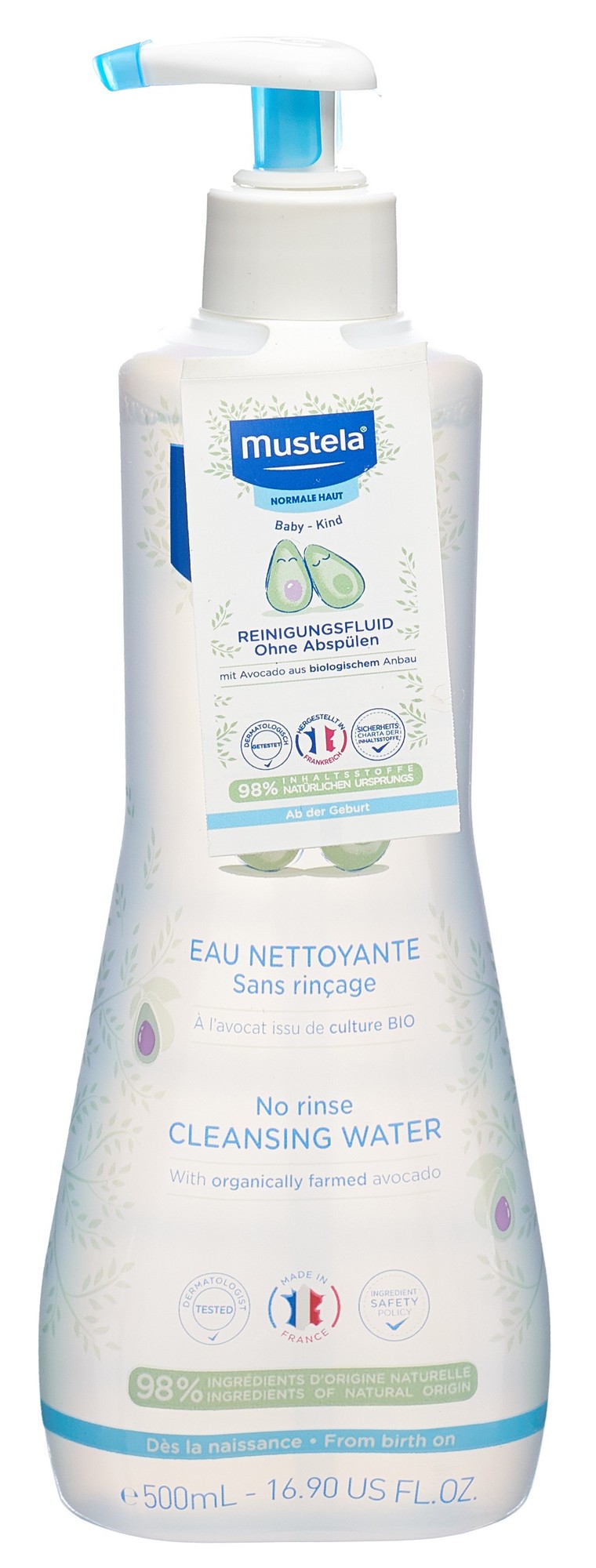Mustela No-Rinse Cleansing Water in a 500ml white bottle with a blue pump, featuring green avocado illustrations and a label highlighting 98% natural ingredients.