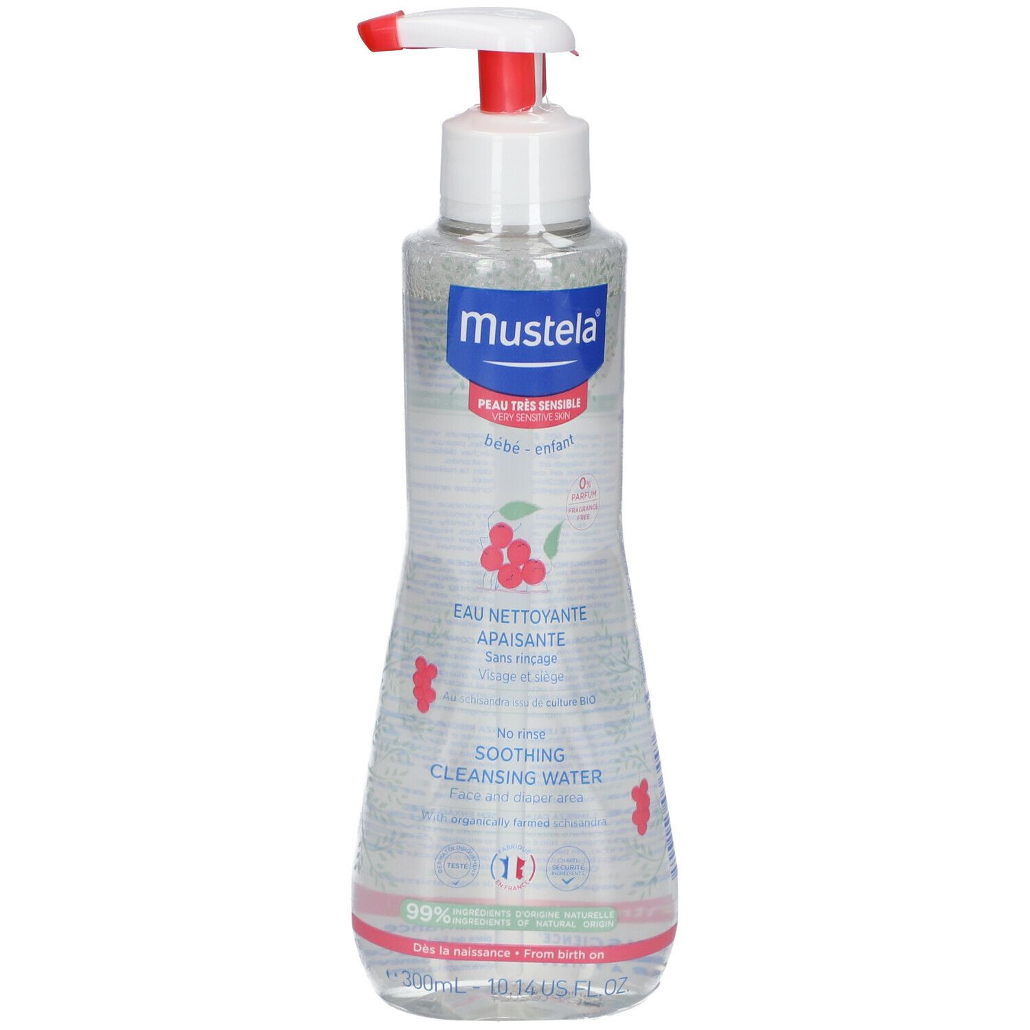 Clear plastic bottle of Mustela No Rinse Soothing Cleansing Water, featuring a red and white pump, labeled for very sensitive skin, 10.14 fl oz, with a soothing formula and fragrance-free.