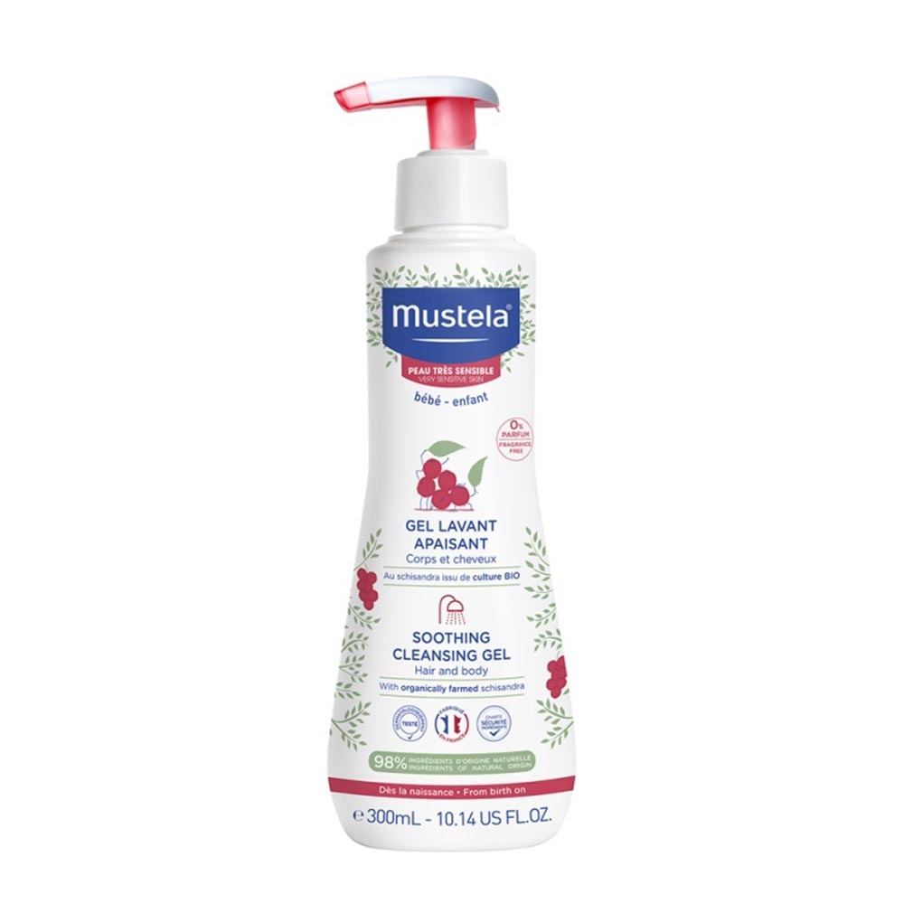 Mustela Sensitive Moisturizing Soothing Baby Cleansing Gel in a white bottle with a pink pump, featuring floral designs and text highlighting its unscented, paraben-free, and hypoallergenic qualities.
