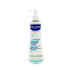 White bottle with a pump dispenser, featuring a blue and green label, containing 300 ml of Mustela Stelatopia+ Lipid-Replenishing Anti-Itch Cream, designed for sensitive skin.