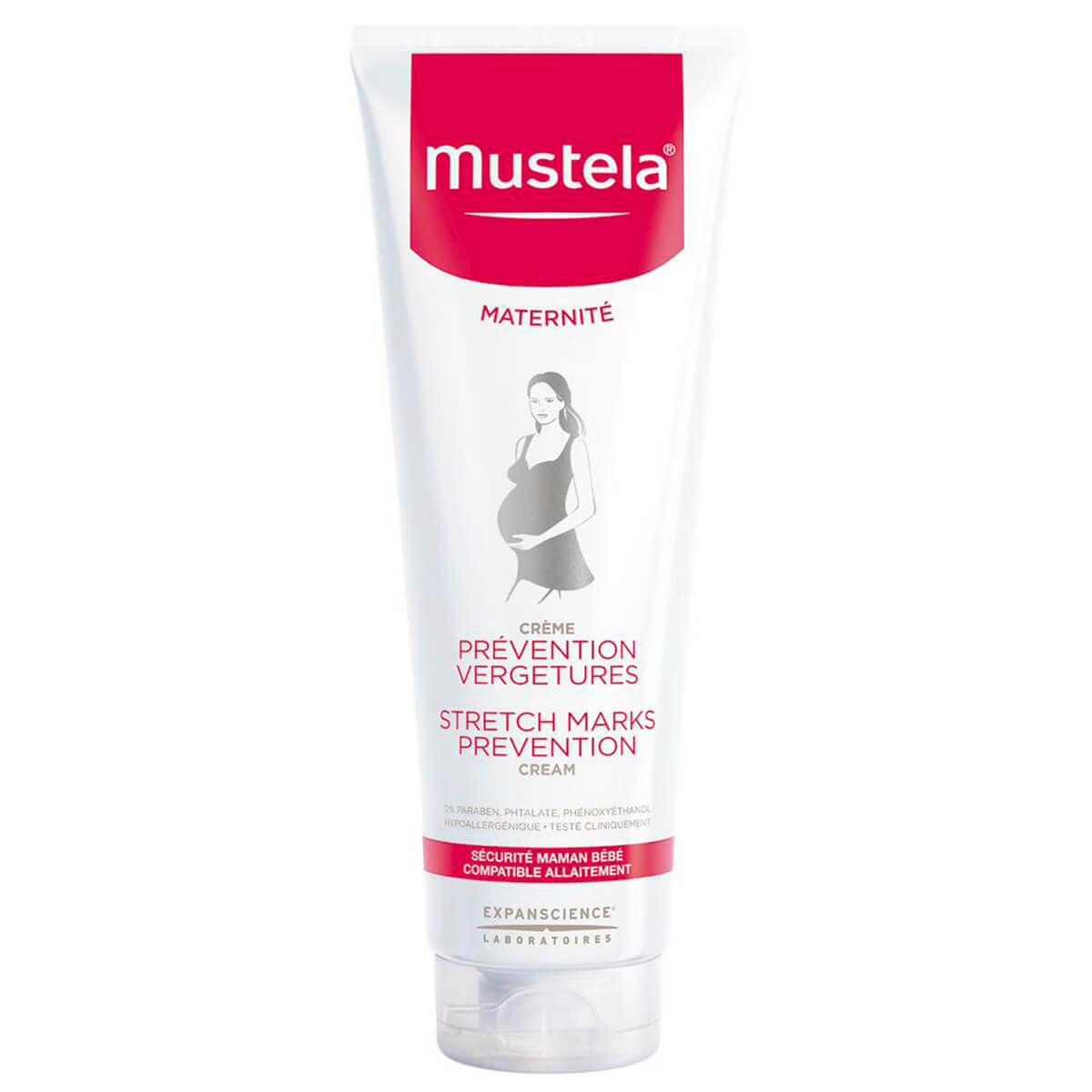 White tube with a pink label featuring a silhouette of a pregnant woman, labeled "Mustela Maternité 3 in 1 Stretch Marks Cream," 250ml/8.45oz, designed for skin care during pregnancy.