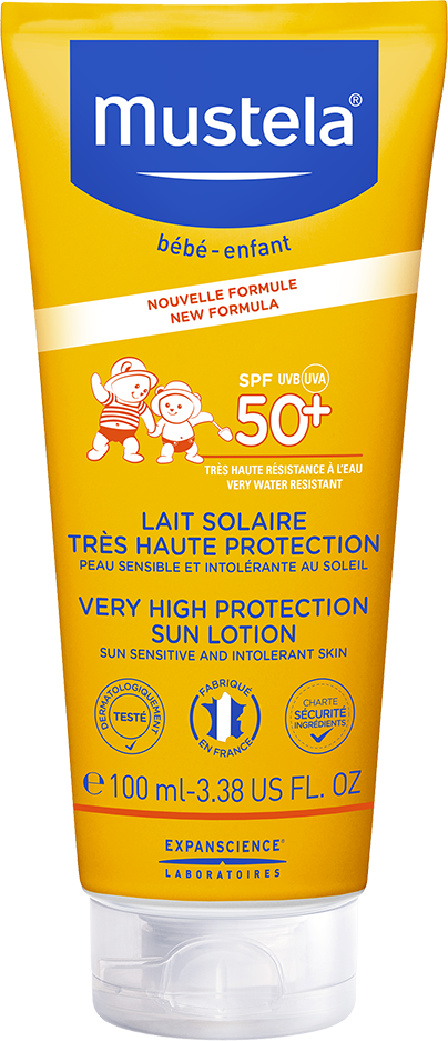 Yellow tube of Mustela Very High Protection Sun Lotion SPF 50+, featuring blue text and a child-friendly design, labeled for sensitive skin, with a capacity of 100 ml.