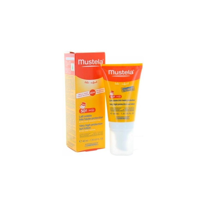 Mustela Very High Protection Sun Lotion SPF 50+ in a yellow and orange tube with a white cap, displayed alongside its colorful cardboard box featuring product details.