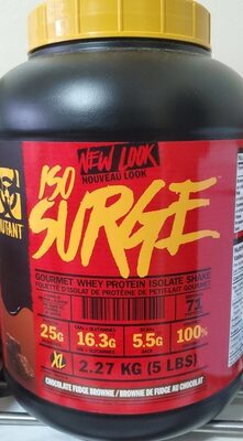 Black and yellow protein powder tub with a red label, featuring "Mutant Iso Surge" and "Chocolate Fudge Brownie" in bold text, highlighting nutritional info and weight of 2.27kg.