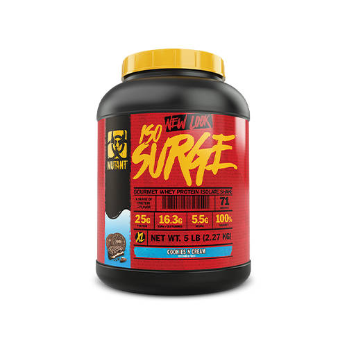 Black protein powder tub with a bold red label, featuring the Mutant logo, product name "Iso Surge," and flavor "Cookies & Cream," along with nutritional information and weight.