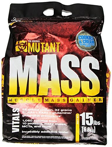 Black and red bag of MUTANT Mass Weight Gainer Protein Powder, 6.8kg, featuring bold yellow text and a cookies & cream flavor label, with nutritional details prominently displayed.