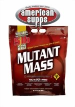 Red and black packaging of MUTANT Mass Weight Gainer Protein Powder, featuring "Triple Chocolate" label and 2.27kg weight, with a bold logo and nutritional information on the front.