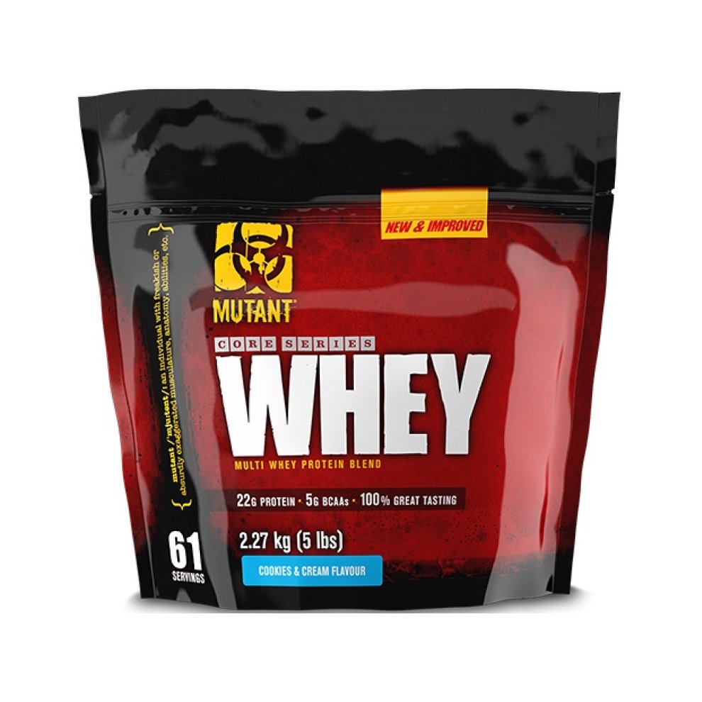Black and red packaging of Mutant Whey protein powder, featuring "Cookies & Cream" flavor, with 2.27 kg weight and 61 servings highlighted on the front.