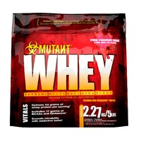 Red and black packaging of Mutant Whey protein powder, 2.27kg, featuring bold white text and a biohazard symbol, highlighting 44 grams of protein per serving and strawberry flavor.
