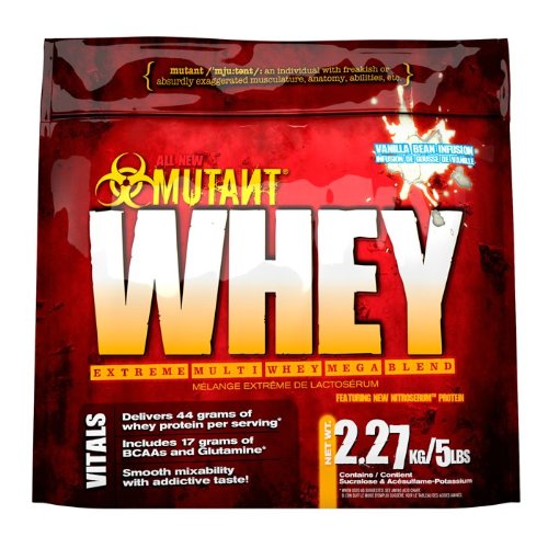 Red and yellow packaging featuring "MUTANT WHEY" in bold letters, with a prominent label stating "2.27kg" and "Vanilla" flavor, showcasing nutritional details and a smooth texture.