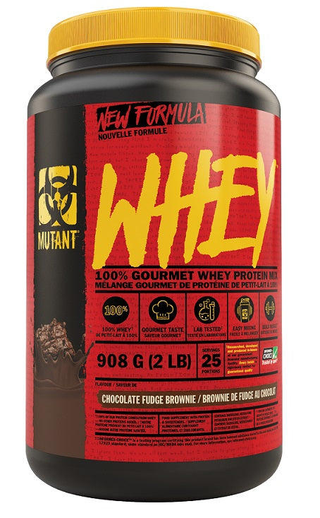 Black and gold container of Mutant Whey protein powder, featuring a bold yellow "WHEY" label, with chocolate fudge brownie flavor and 908 grams of product.