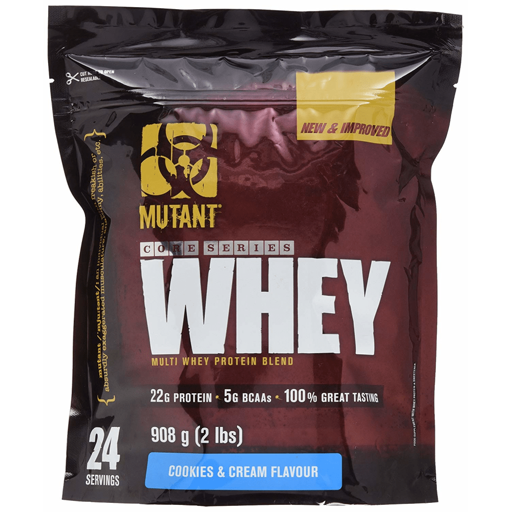 Black and gold packaging featuring "Mutant Whey" in large white letters, highlighting 22g protein and 5g BCAAs per serving, with a "Cookies & Cream Flavour" label at the bottom.
